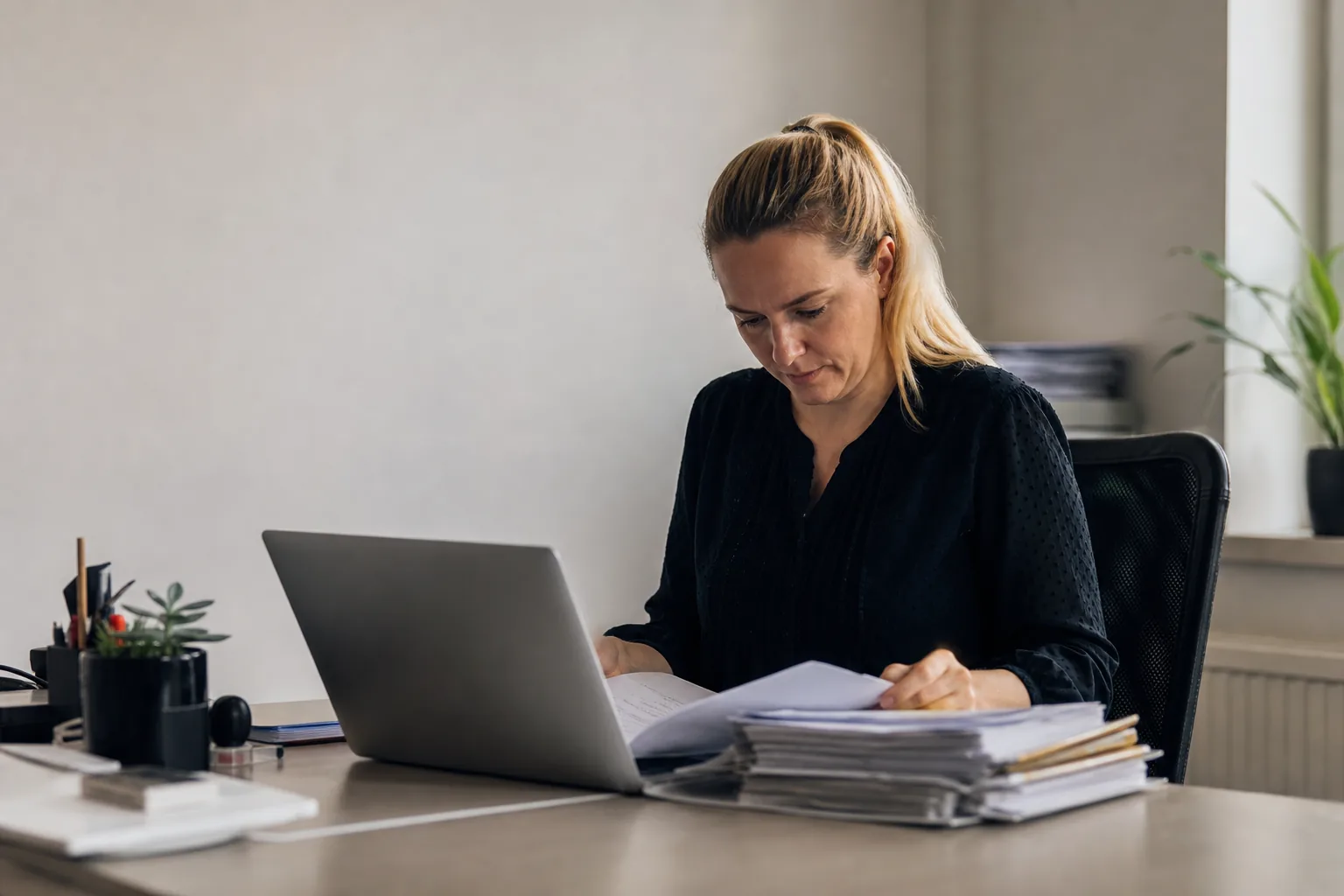 Datenschutzbeauftragte prüft DSGVO-Dokumentation am Laptop in einer Arztpraxis